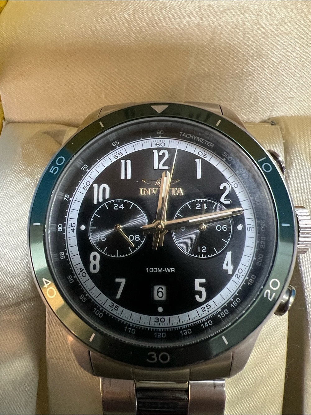 Invicta Men's Chronograph Watch in Black and Green & Gold Accents, model 35666.